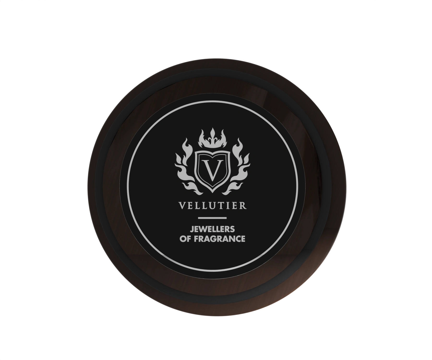 The underside of the wooden lid with the VELLUTIER label and Jewellers of Fragrance motto.