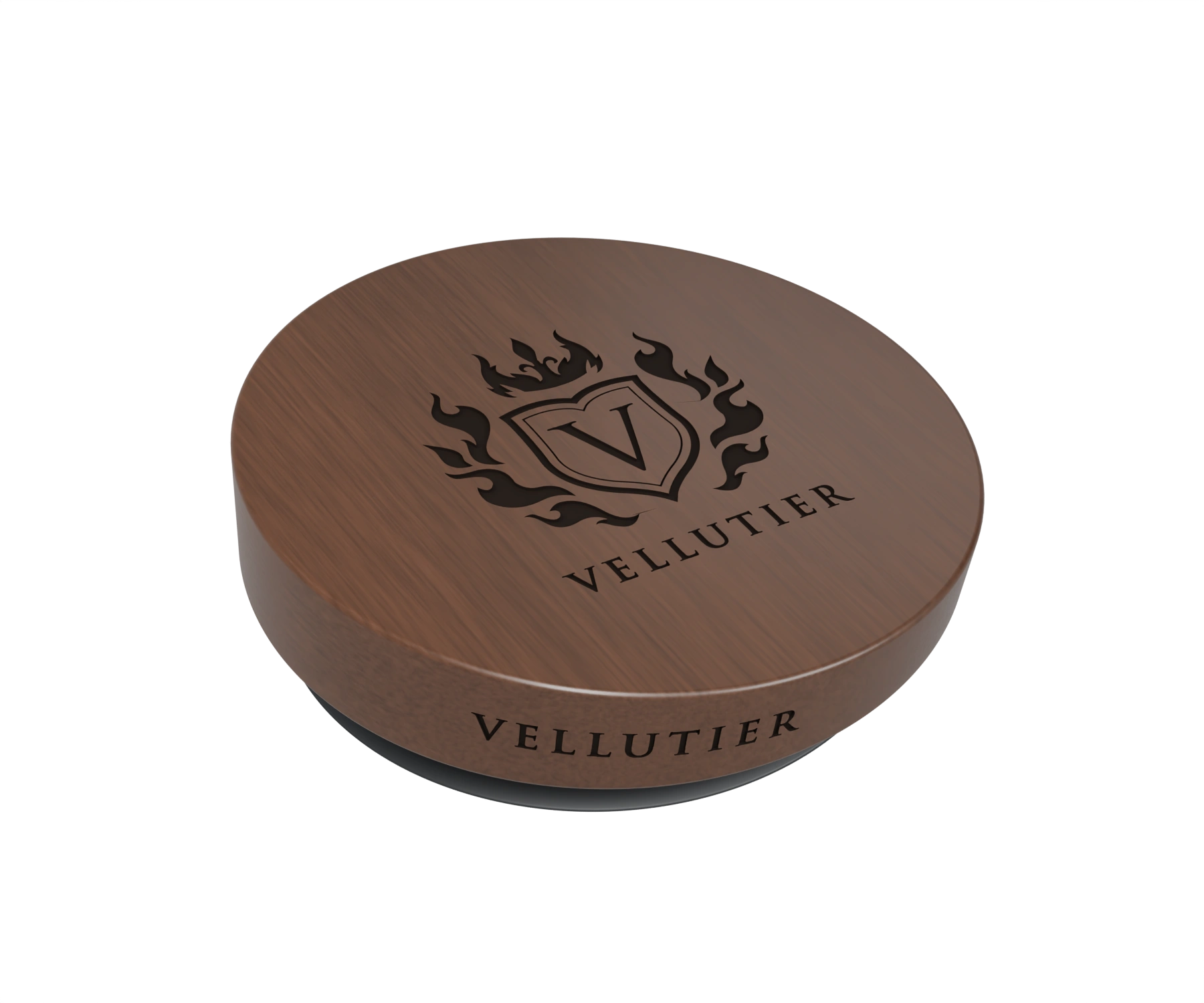 Close-up of the engraved VELLUTIER wooden lid